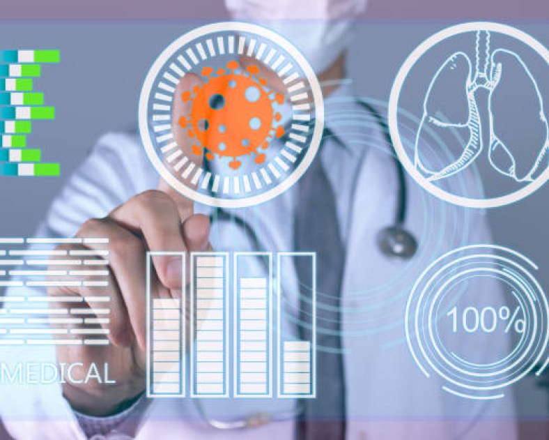 concept: prevention alert . Health and medicine, Doctor with mouthpiece interacts with a virtual screen and analyzes human lungs for possible infections such as flu or influenza. prevention alert